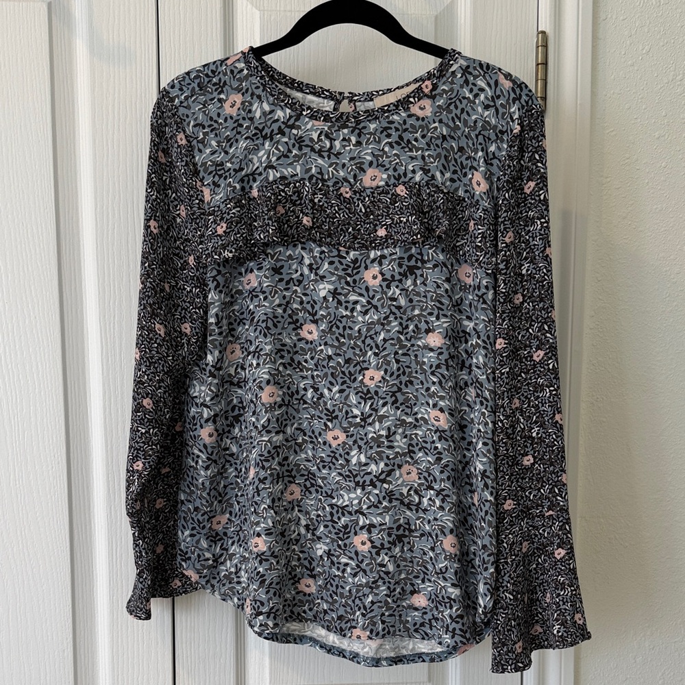 LOFT Blue Floral Ruffle Blouse Long Sleeve Lightweight Top Size S